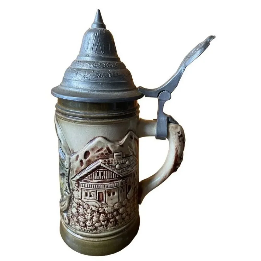 Krug Deckel 1/8 L Handpainted Handmade Small German Beer Stein Pewter Lid